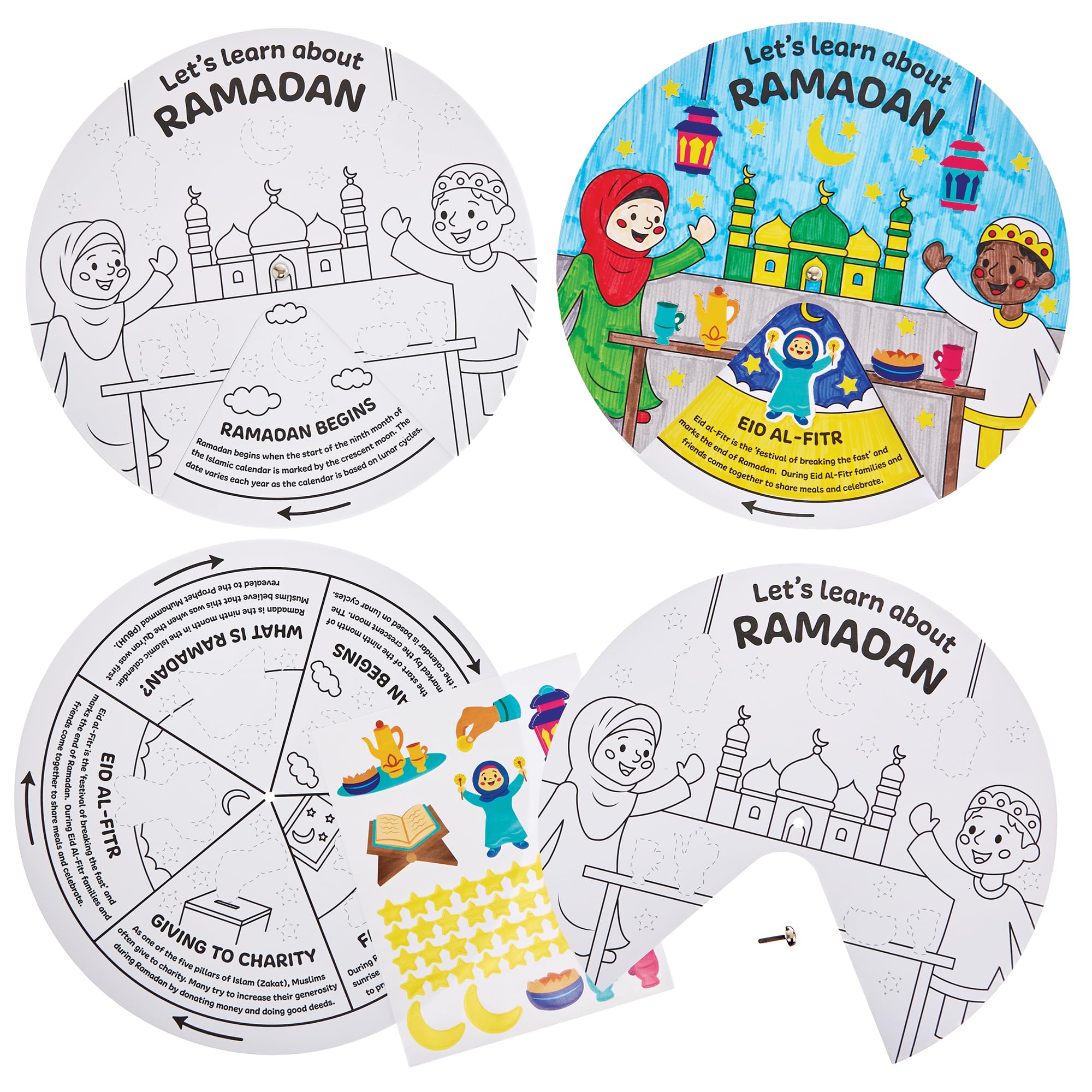 Baker Ross FN363 Ramadan Colour-in Story Wheel - Pack of 4, Religious Education for Kids, Ramadan Arts and Crafts