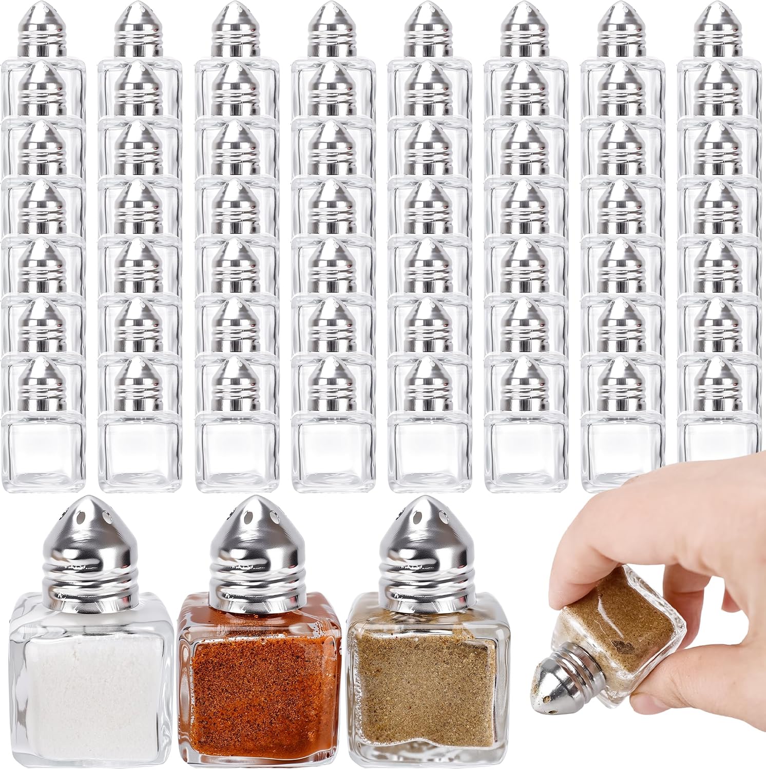 60 Pcs Mini Salt and Pepper Shakers 0.5 oz Glass Cube Clear Spice Shaker with Lid for Home Kitchen Restaurant Seasonings Powdered Sugar Salt Wedding Party (Color Set 1)