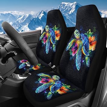 Pensura Boho Turtle Car Seat Covers, High-Back 2 Front Set, Soft Automotive Seat Covers Fit for Most Cars, Auto Interior Accessories Cushions, Coral Velvet Fabric