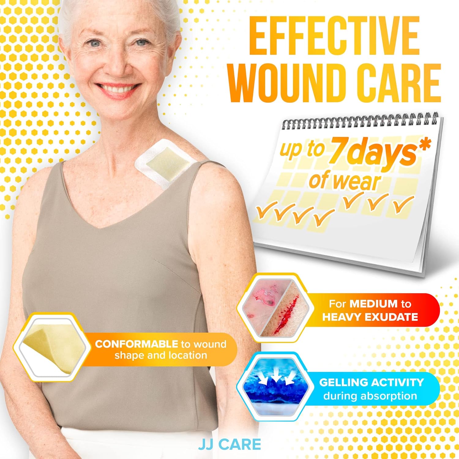 JJ CARE Honey Calcium Alginate Dressing 2”x2” [Pack of 20] Honey Wound Dressing with Calcium, Honey Patches for Faster Wound Care, Medical Grade Honey Bandages for Burns, Latex Free