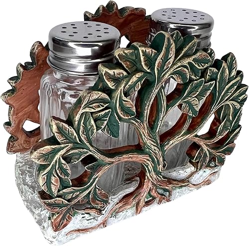 Tree of Life - Juego de salero y pimentero, soporte y dos cocteleras de vidrio con tapas de acero inoxidable, decorativo, moderno, rústico, celta,
