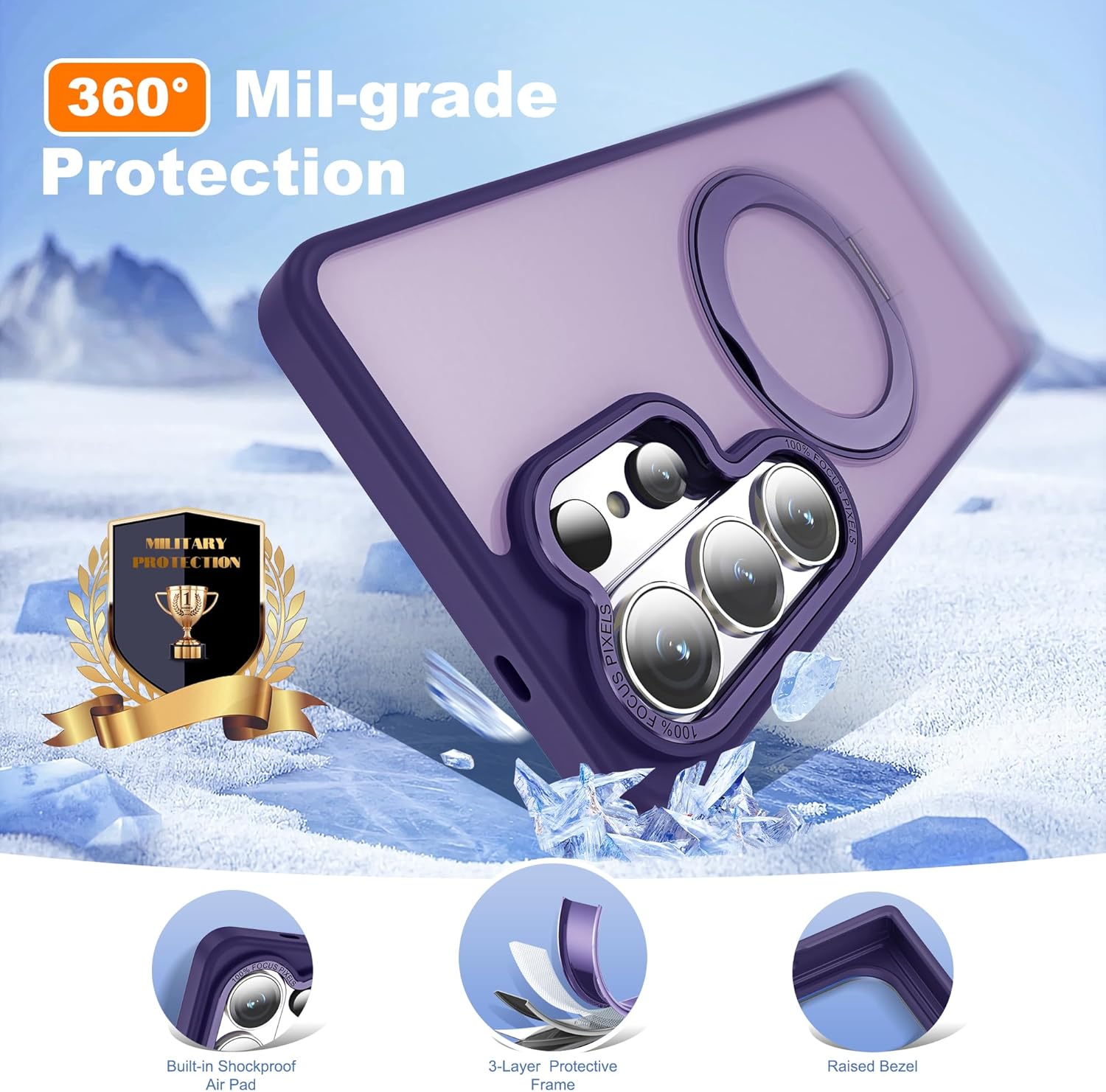 for Samsung Galaxy S26 Ultra Case with 360°Rotatable Magnetic Ring Stand Compatible with Mag-Safe Military Protection Matte Translucent Phone Case for Galaxy S26 Ultra 6.9",Dark Purple