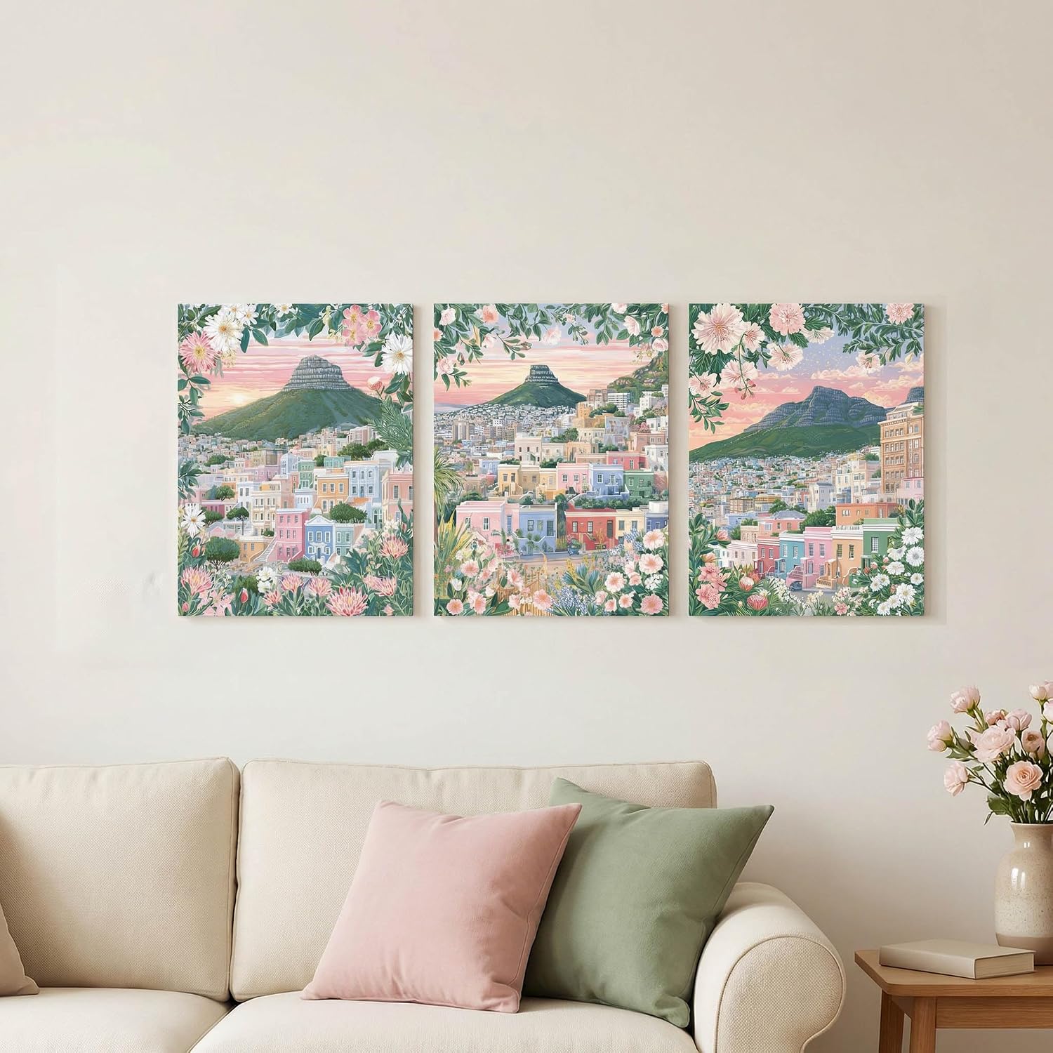 Artiluxy City Landscape Canvas Wall Art Set of 3, 12x16 Inch Colorful Floral Mountain City Prints, Pastel Style Wall Decor for Living Room Bedroom, Ready to Hang (Pink)