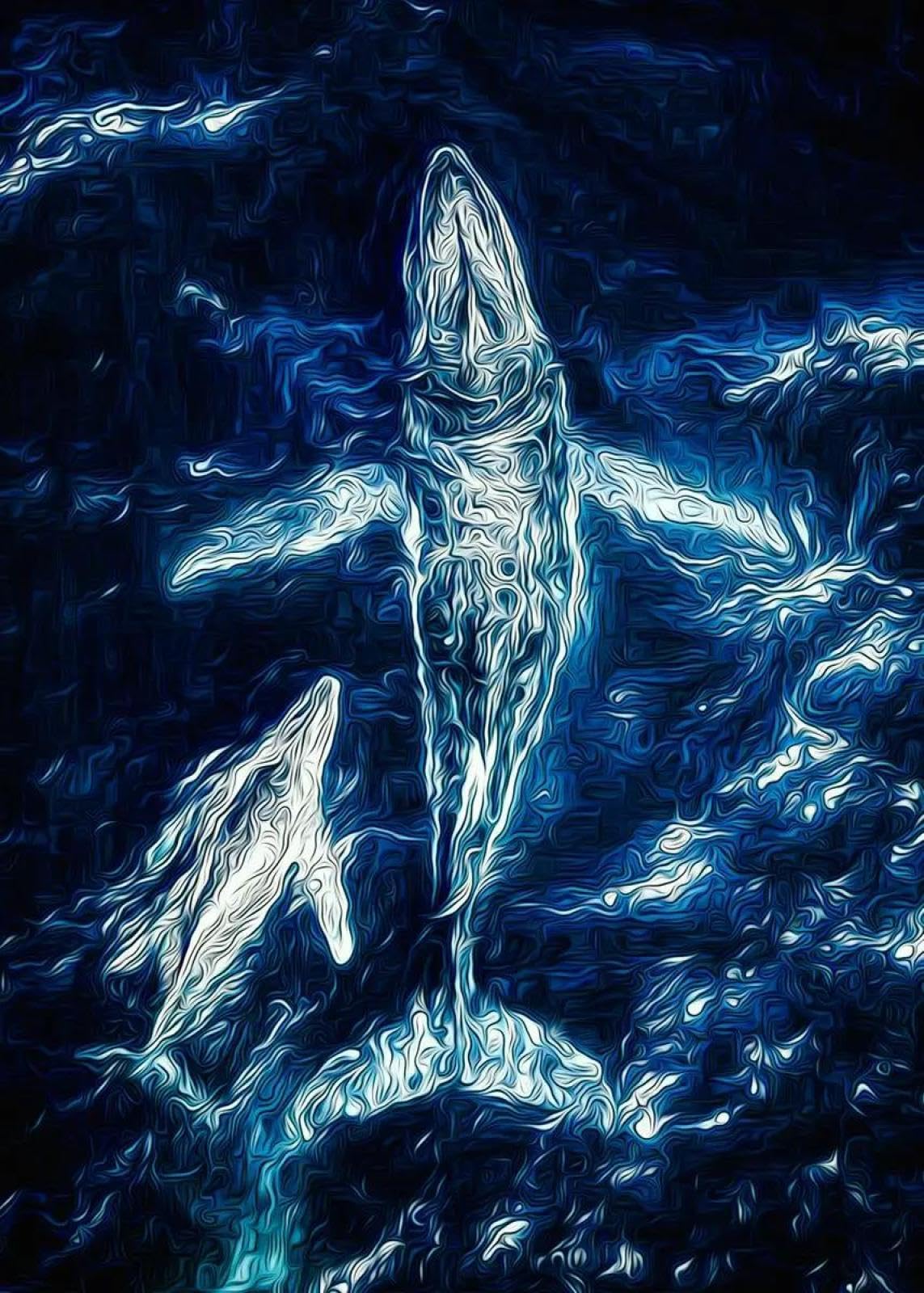 Baibexing Cartoon Humpback Whale Canvas Painting Underwater Waves Boat Blue Whale Dream Fantasy Poster Prints Living Room Home Decor A16 60X90Cm Unframed