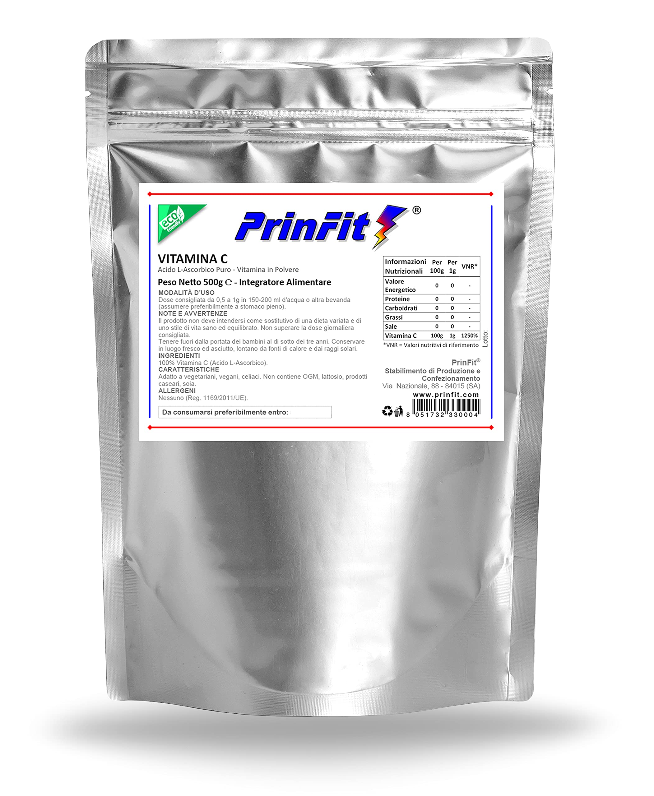 PrinFit® - 500g - Vitamina C Polvere Pura 100% - Acido L-​Ascorbico Integratore