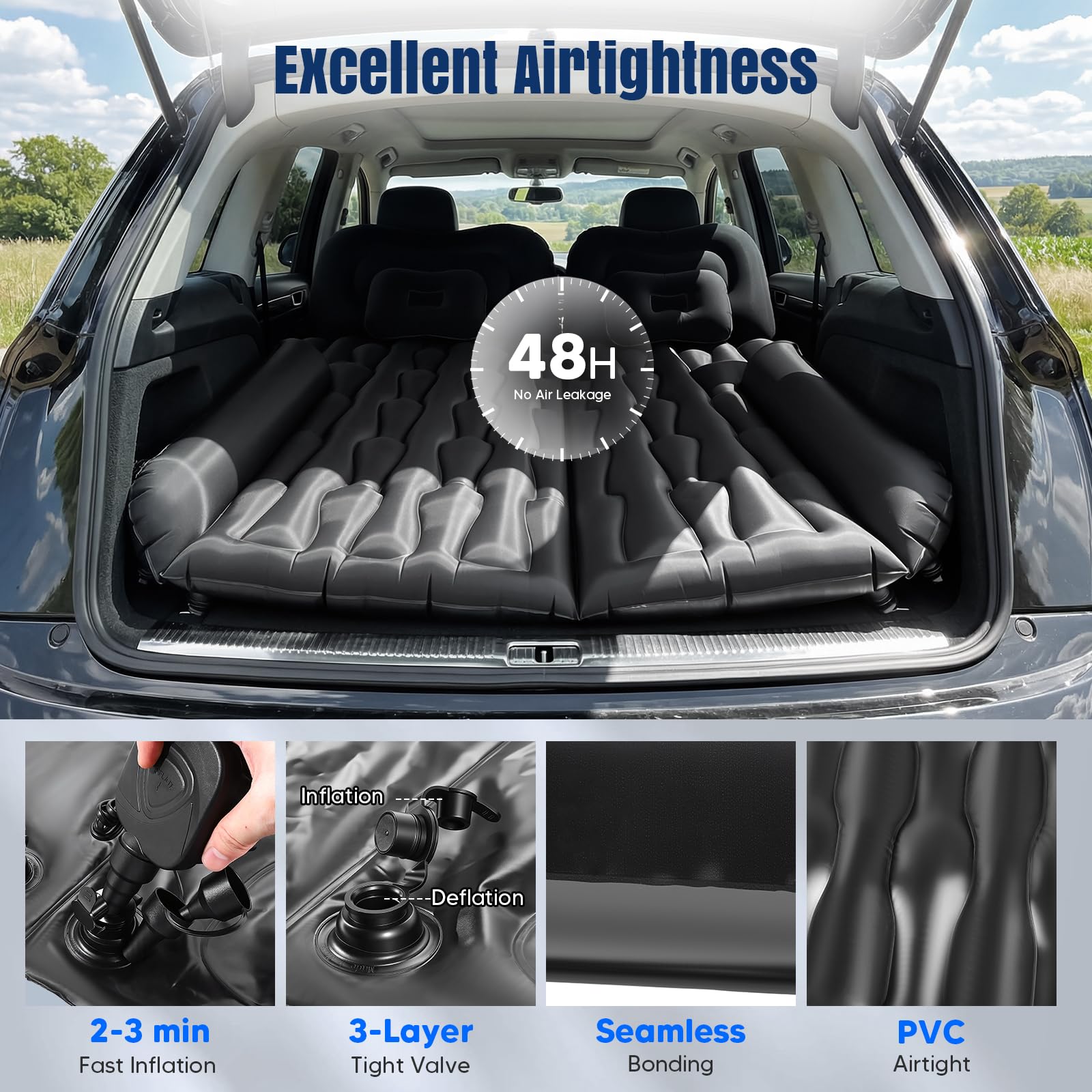 Matelas Gonflable Voiture, Matelas de Camping SUV pour Coffre et Banquette Arrière, Pompe 12V Incluse + 2 Oreillers ,2 Remplisseurs, Surface Flockée Douce Étanche, Convient Voiture RV MPV Fourgonnette