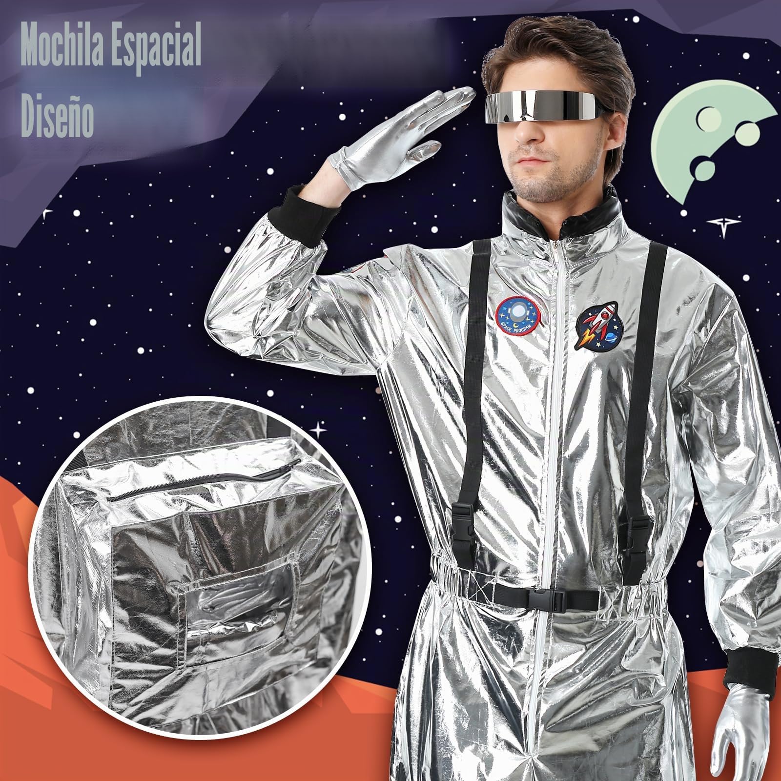 Astronauta Disfraz Adulto, Astronauta Plateado Hombre Carnaval para Cosplay