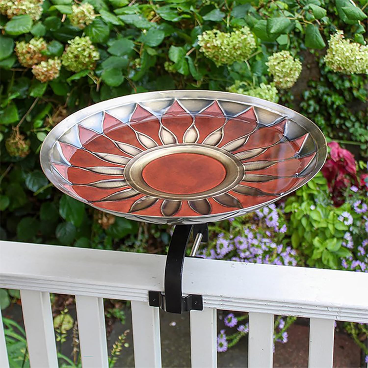 Achla Red African Daisy Bird Bath with Over Rail Bracket | Brass Deck Rail Birdbath with Red Daisy Design & Wrought Iron Mount | 16" Bowl for Decks, Balconies & Railings, Easy Thread-On Installation