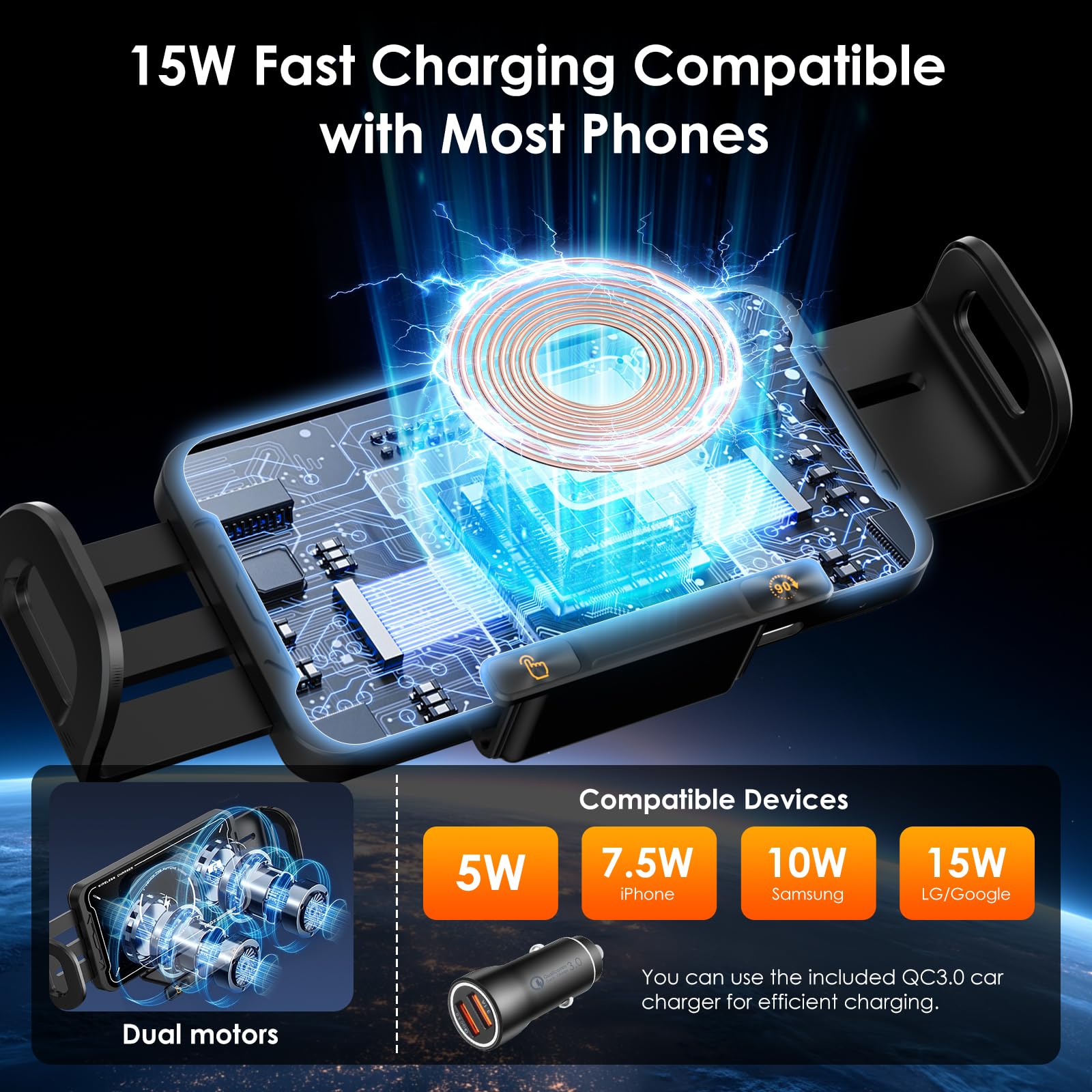 Qoosea 15W Support Telephone Voiture Induction, Qi Rapide Chargeur Induction Voiture sans Fil avec Ventouse Clip QC, Support Chargeur pour Samsung Galaxy Z Fold 7/6/5/4/3 S25/S24 iPhone 17 Série