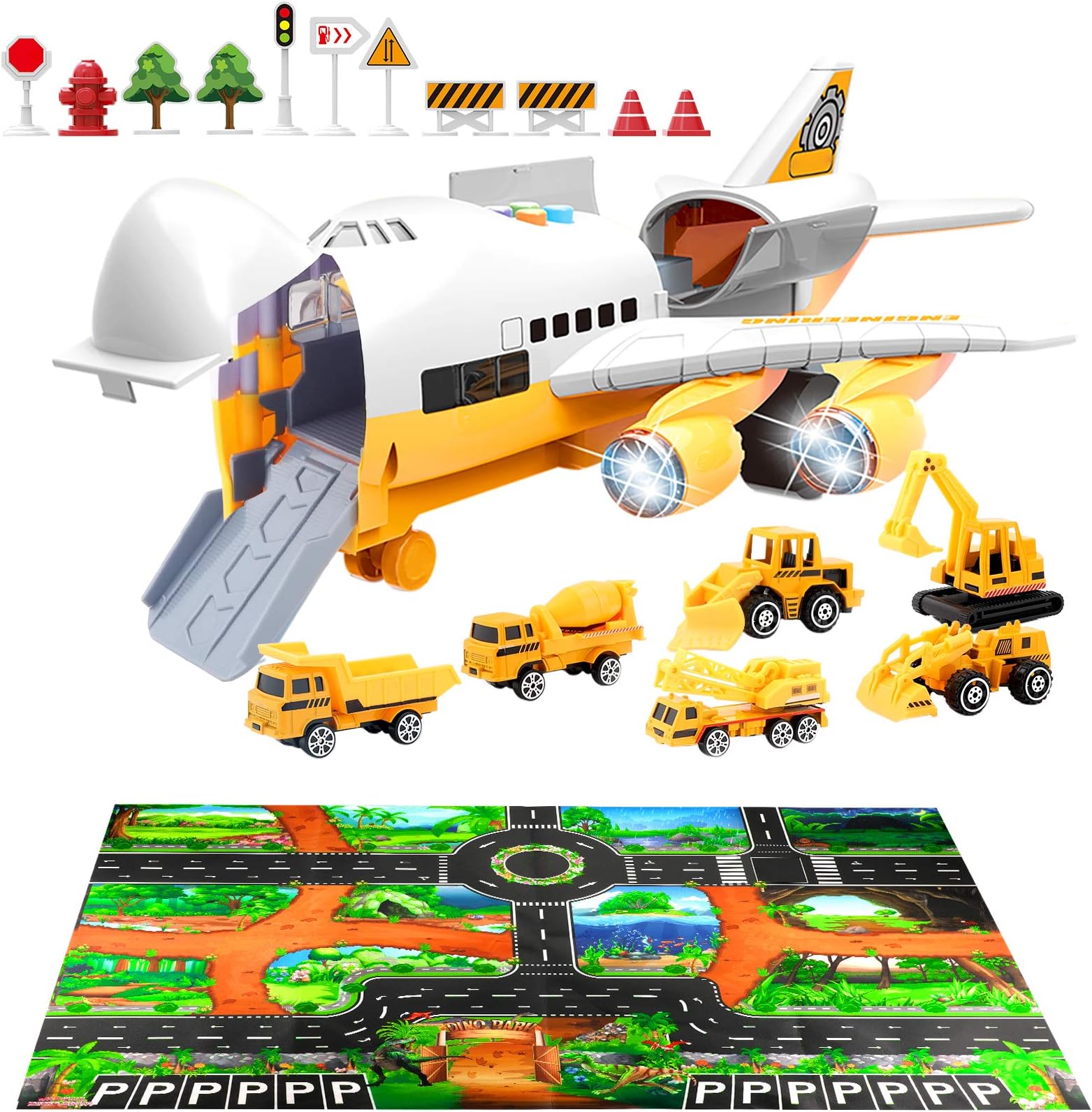 Car Toys Set with Transport Cargo Airplane and Large Play Mat, Educational Vehicle Construction Car Set for Kids Toddler Boys Child Gift for 3 4 5 6 Years Old, 6 Cars, Large Plane, 11 Road Signs