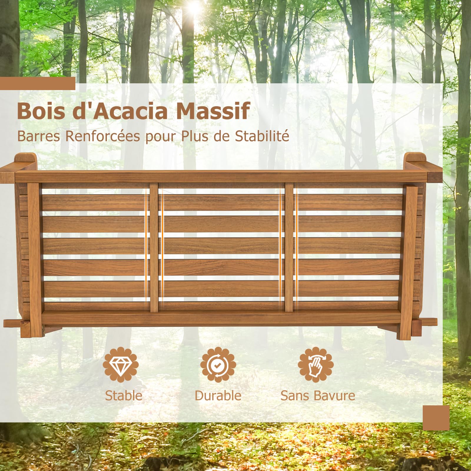 GIANTEX Banc suspendu, balançoire 2 places, balançoire d'extérieur, balançoire hollywoodienne en bois d'acacia massif, balançoire de porche, balançoire de jardin à suspendre, 130 x 63 x 57 cm, charge