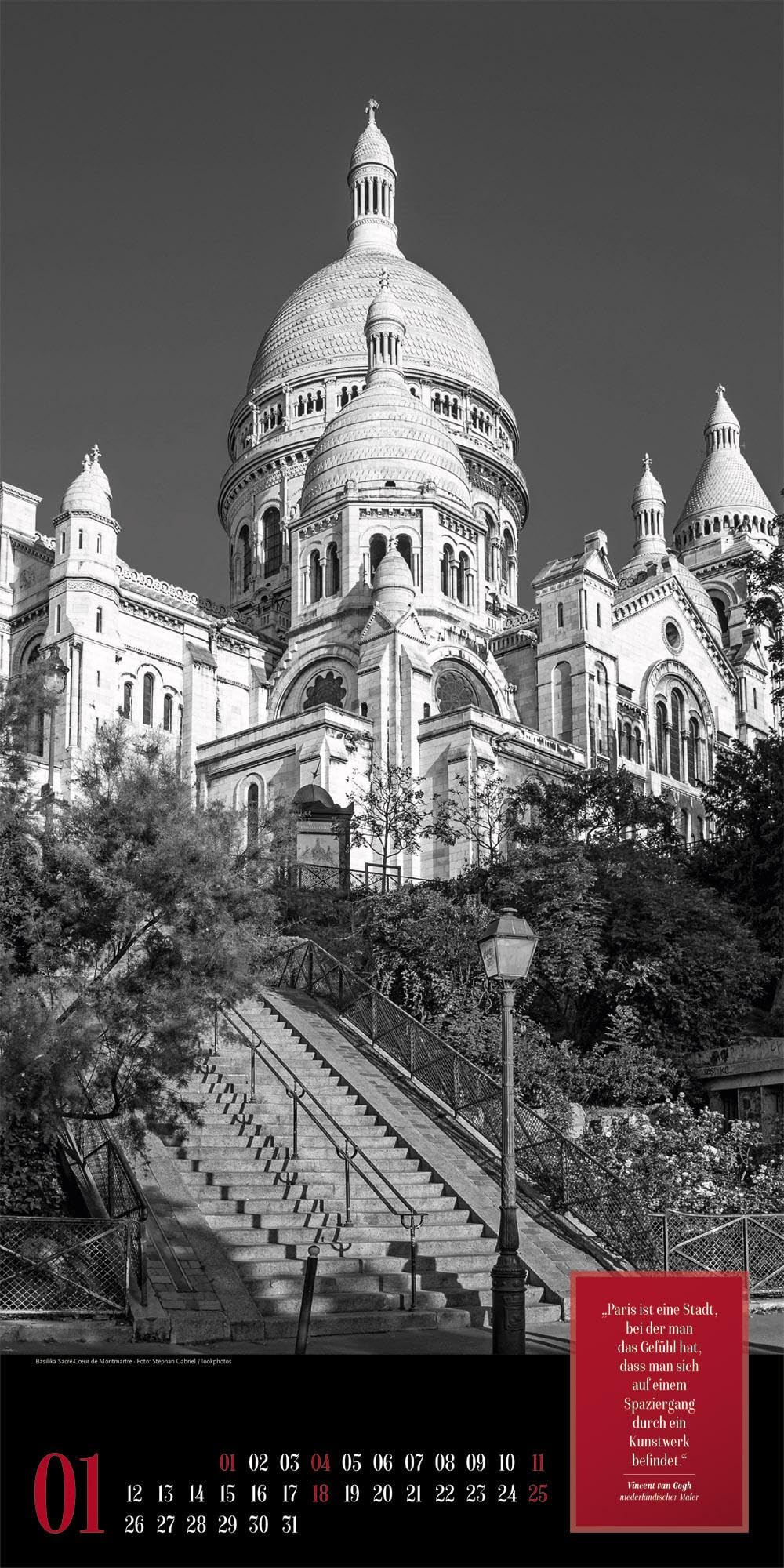 Paris, je t’aime Literatur-Kalender 2026 | Geschmackvoller Städtekalender im schlanken Hochformat (33x66 cm) | Fotos in Schwarz-Weiß mit Zitaten