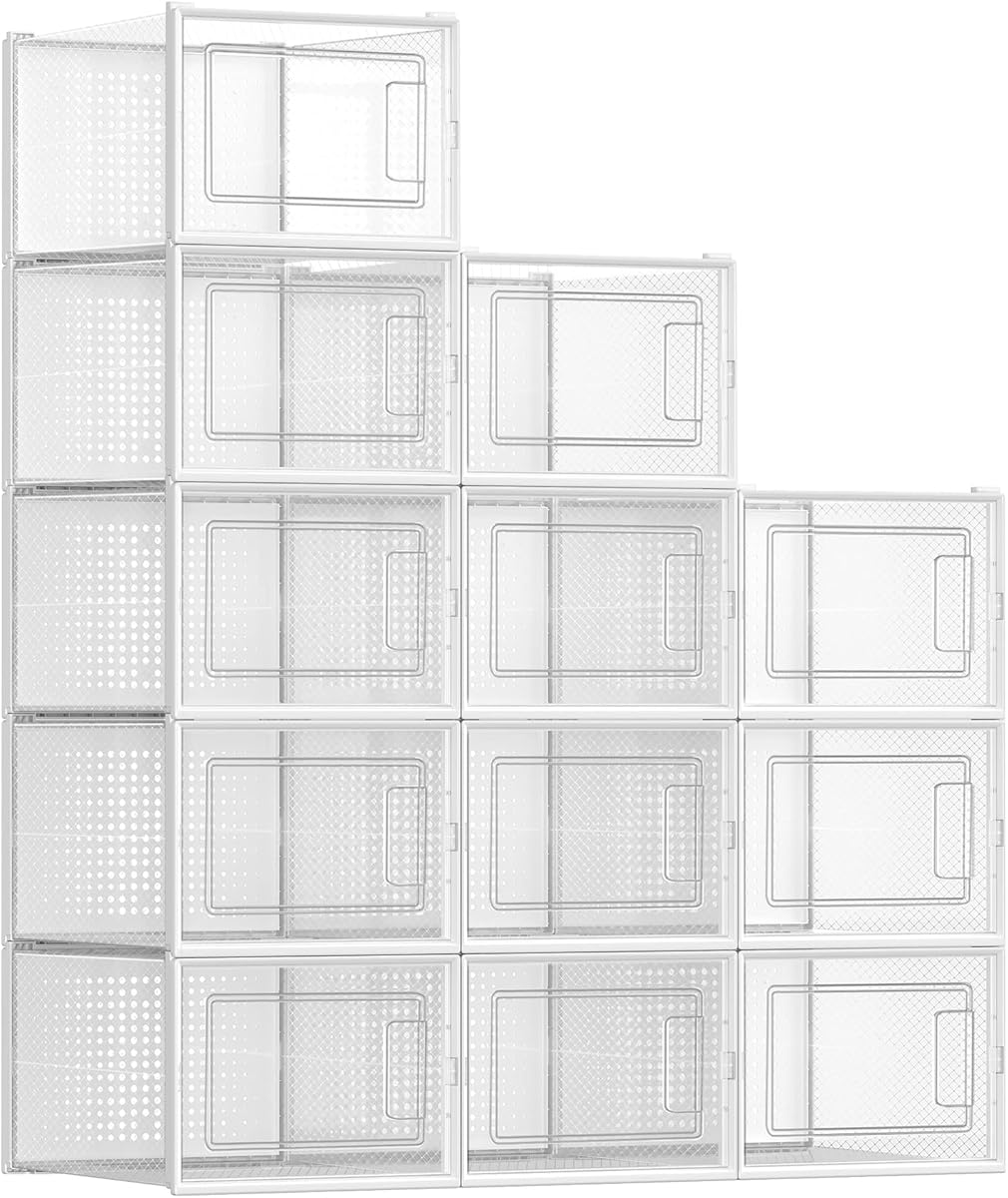 SONGMICS Shoe Boxes, Pack of 12 Shoe Storage Organizers, Stackable Clear Plastic Boxes for Closet, Sneakers, 13.7 x 9.9 x 7.4 Inches, Transparent and White ULSP12MWT
