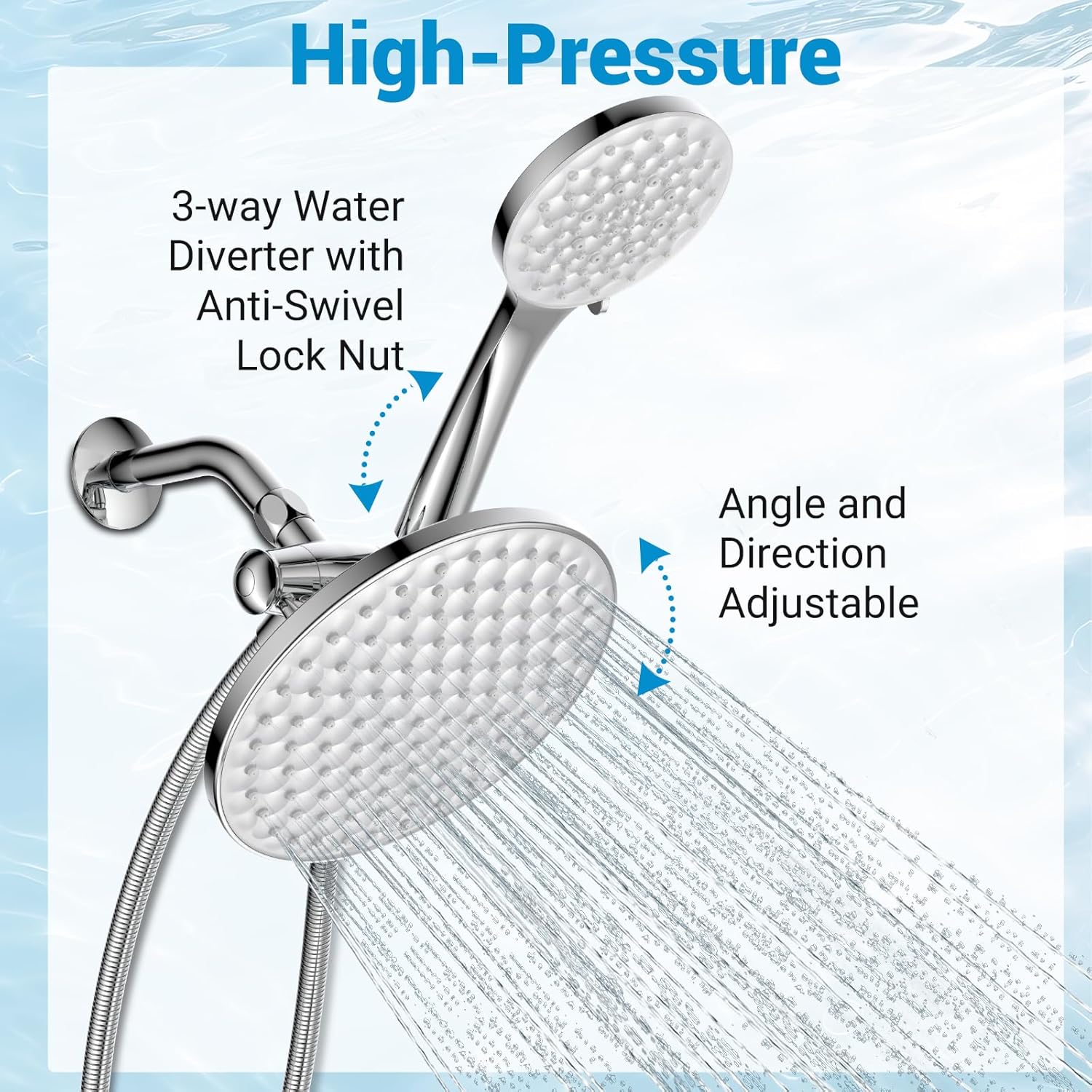 dual shower head with handheld combo,8.6 inch Rainfall showerhead,6 settings hand held shower heads with hose (Chrome)