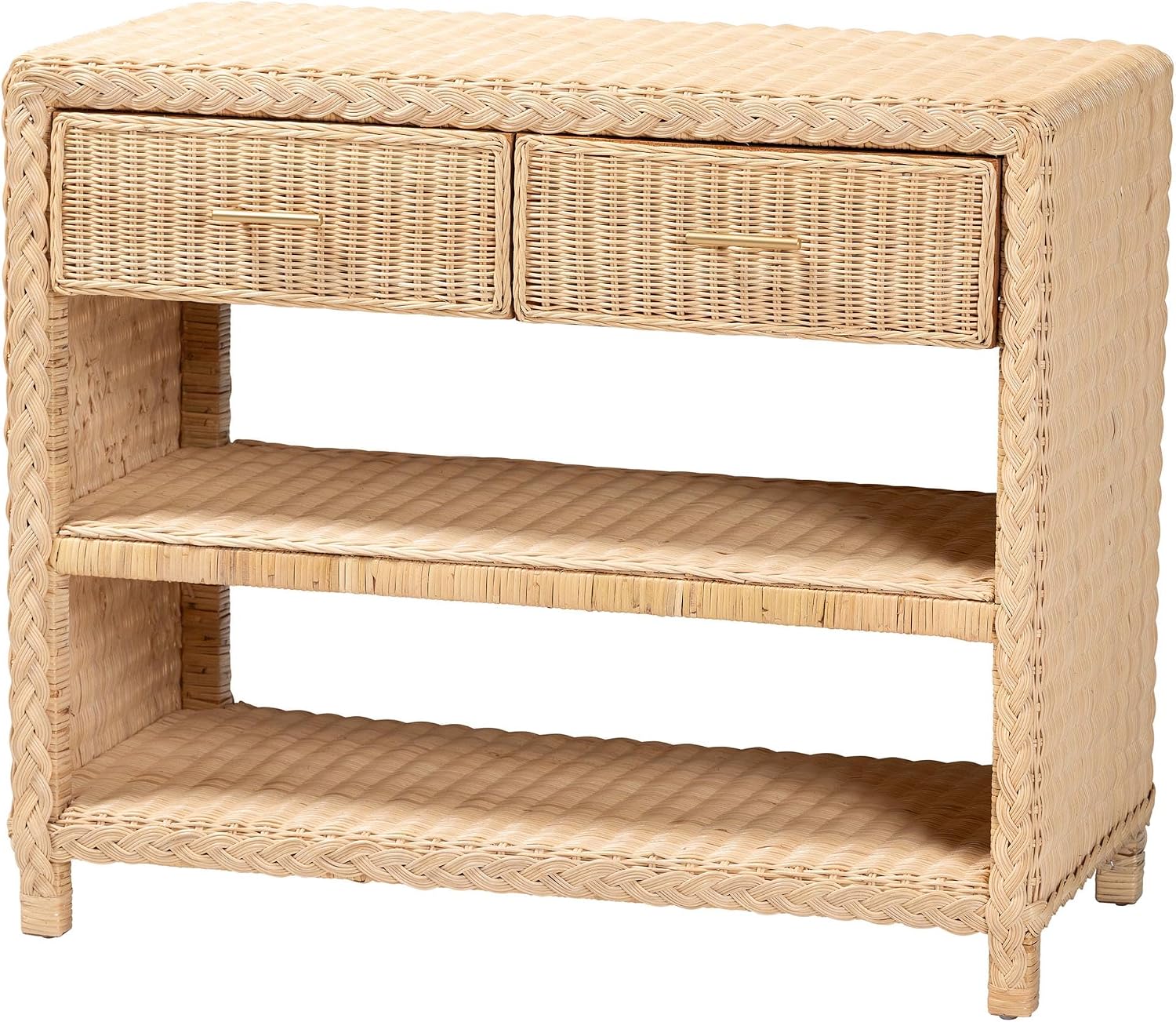 Bali & pari Lanica Braided Natural Rattan Console Table with Drawers and Shelves – Coastal Style Storage Cabinet for Entryway, Living Room, or Bedroom, 35"