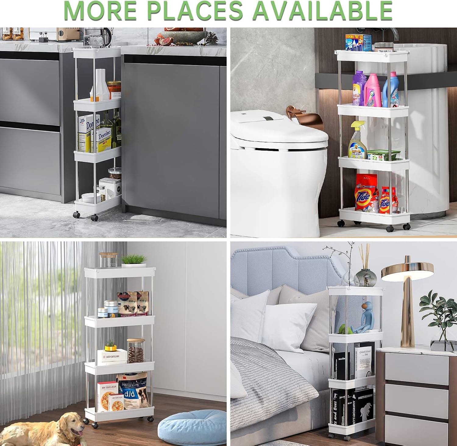 SYLEALA 4 Tier Slim Storage Cart,Mobile Shelving Unit Organizer Slide Out Storage Rolling Cart,Bathroom Organizer for Kitchen Laundry Narrow Places, Plastic & Stainless Steel, White (White)