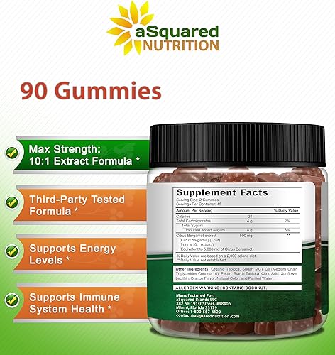 Miniatura 4 de aSquared Nutrition Gomitas de bergamota cítrica Suplemento de extracto de bergamota cítrica de 500 mg por porción Alternativa de goma pura a