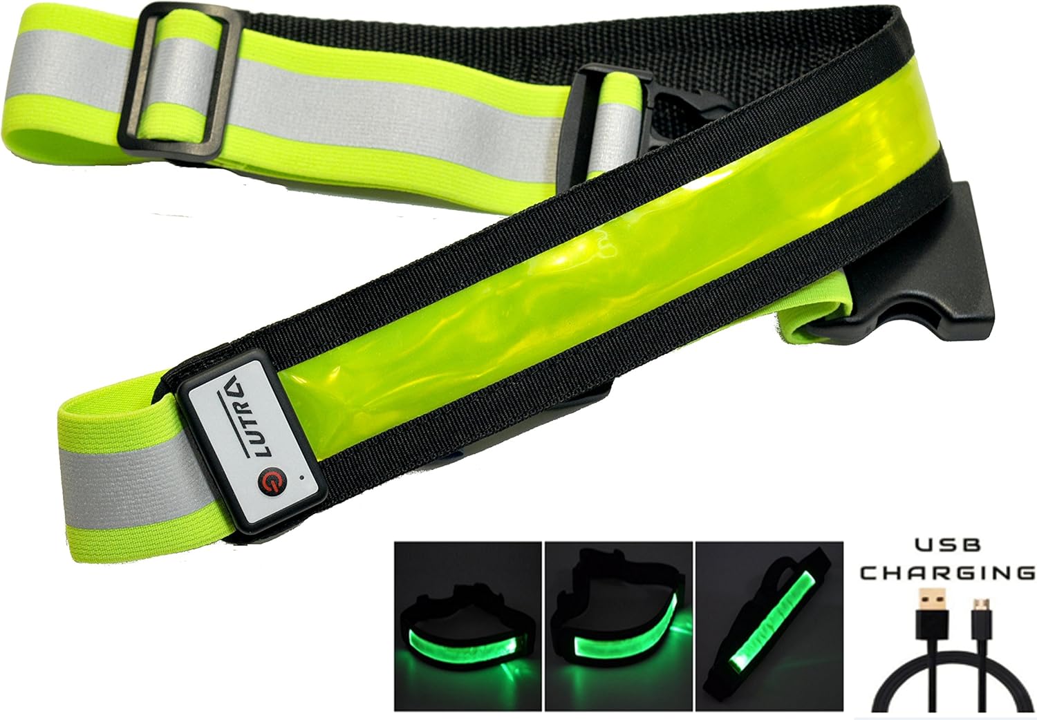 LED Running Reflective Belt USB Rechargeable 360° High Visibility (Safety Green