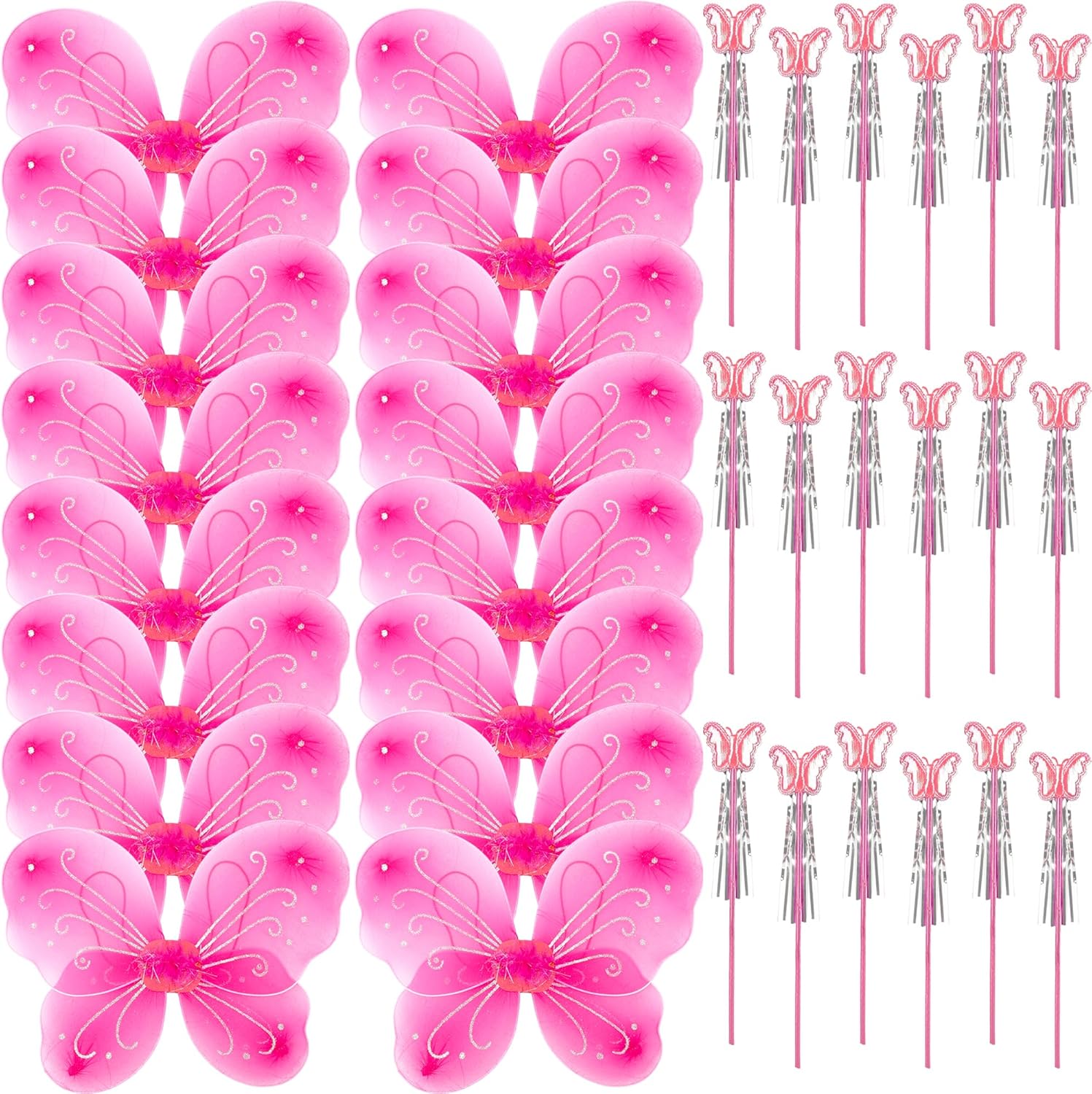 36 Pack Princess Wings Set Includes 18 Pack Girls Fairy Wings Bulk Butterfly Wings Butterfly Angel Costume Wing and 18 Pcs Fairy Wands for Kids Halloween Cosplay Party Dress up, Pink