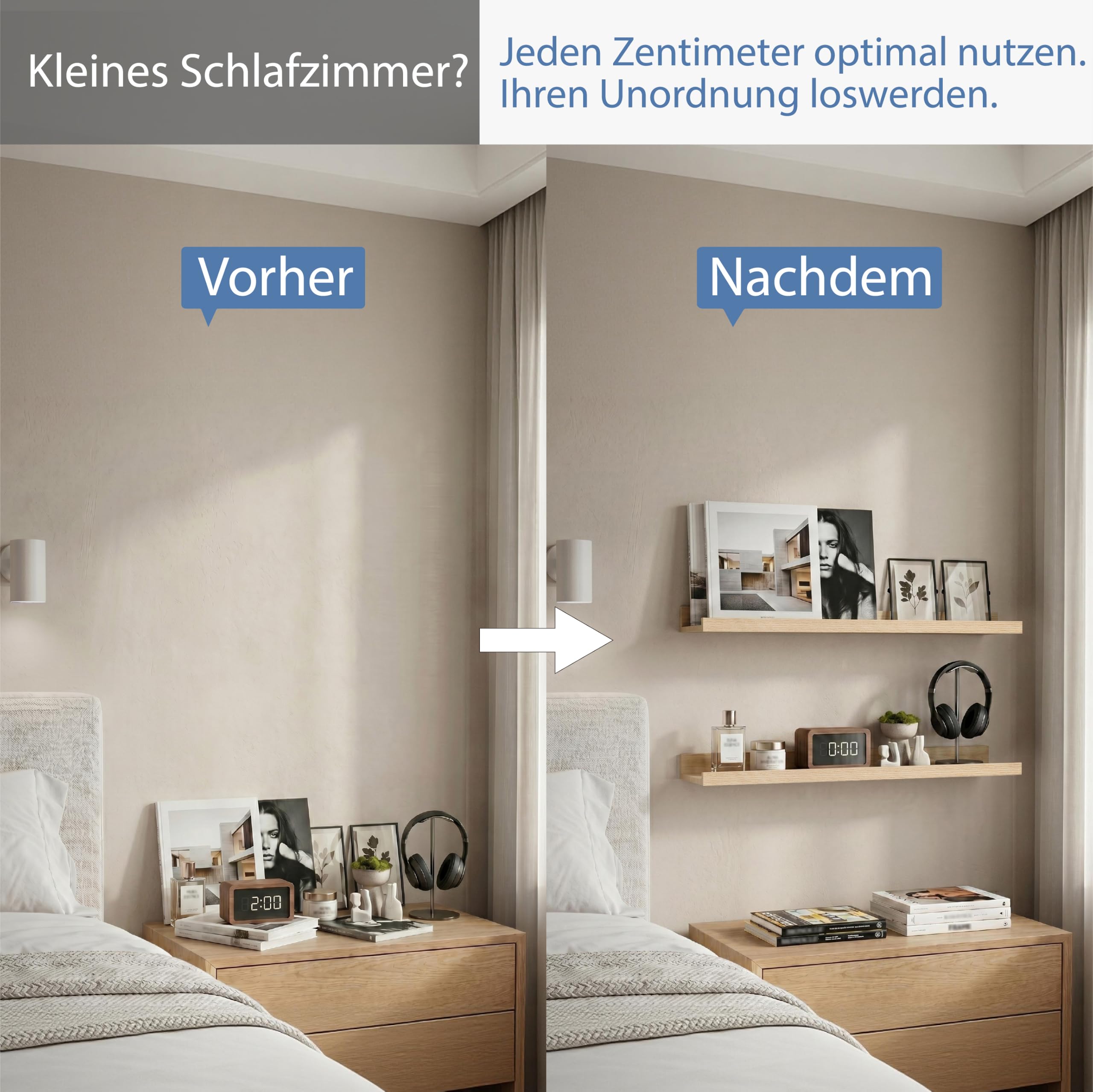 Bilderleiste Eiche 90 cm, 2er Set Schweberegal mit erhöhter Vorder- und Rückkante, großes Wandboard für Bilderrahmen, Pflanzen und Dekoration, Regal für Wohnzimmer, Schlafzimmer und Flur