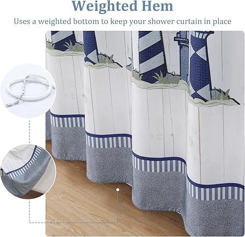 Miniatura 5 de Lighthouse - Cortina de ducha costera azul, gris y blanco, tela de poliéster impermeable, decoración de baño, 62 x 72 pulgadas