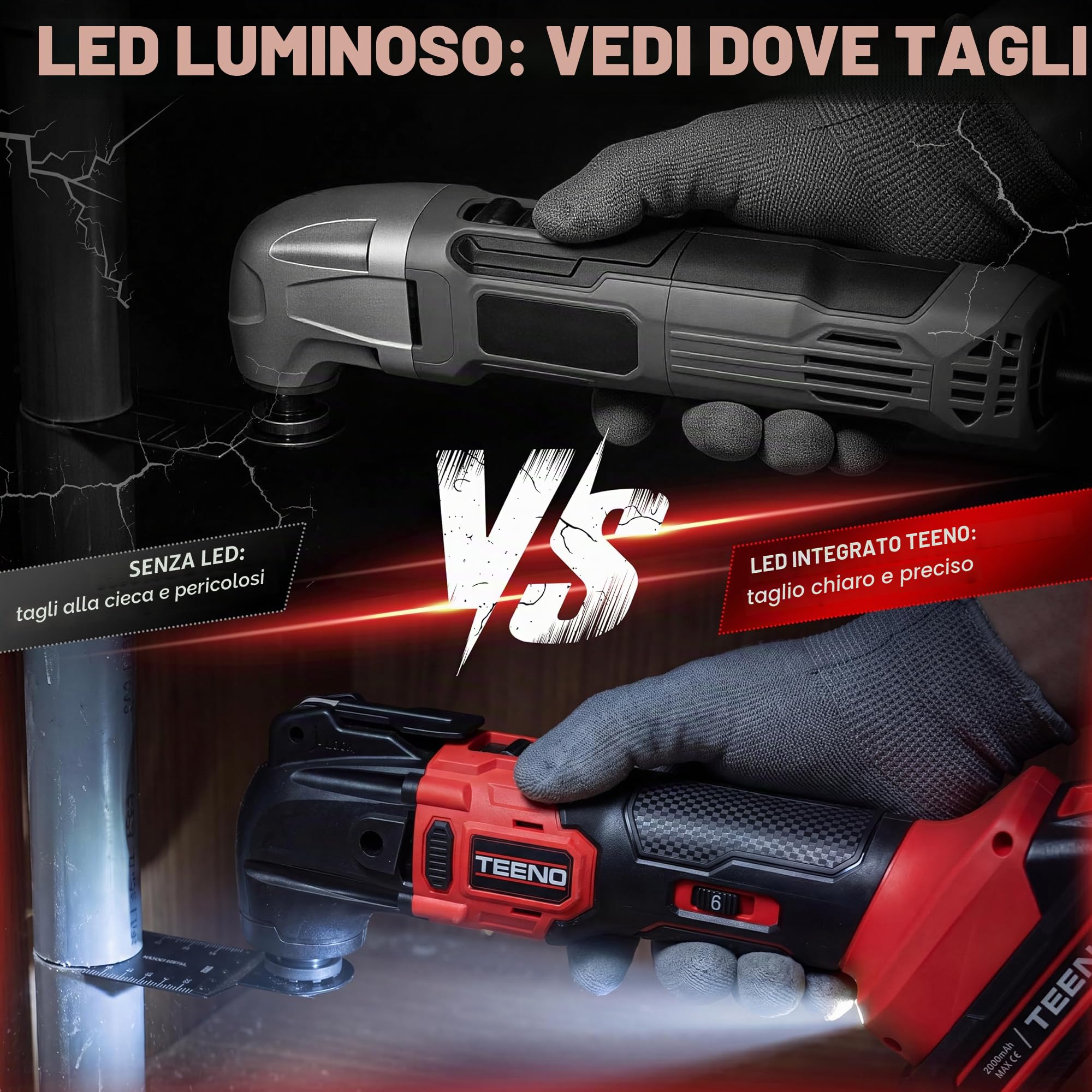 TEENO Utensile Multifunzione Oscillante Senza Fili 20V, Strumento Multifunzione Senza Fili Brushless, 6 Velocità Variabile, 8500-21000RPM, Caricatore, Angolo Oscillante 4°, Per Raschiare, Lucidare