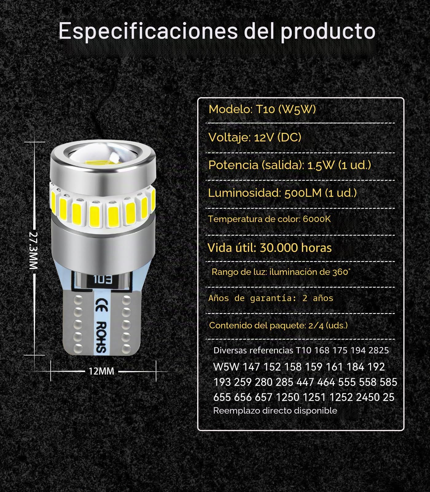 LTONXEN T10 W5W LED Bombillas, 6000K Blanca Luz, 12V 500Lm Coche Lampara | Interior Domo, Mapa de cortesía, Puerta Luces de matrícula et Posición Luces. (4 Pcs)