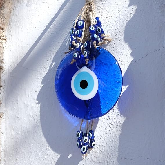 BCS Evil Eye Wall Decor 4'' Blue Glass Turkish Greek Nazar Amulet Good Luck & Protection Charm - Handmade Hanging Ornament for Home,Office, Garden, Door - Ojo Turco