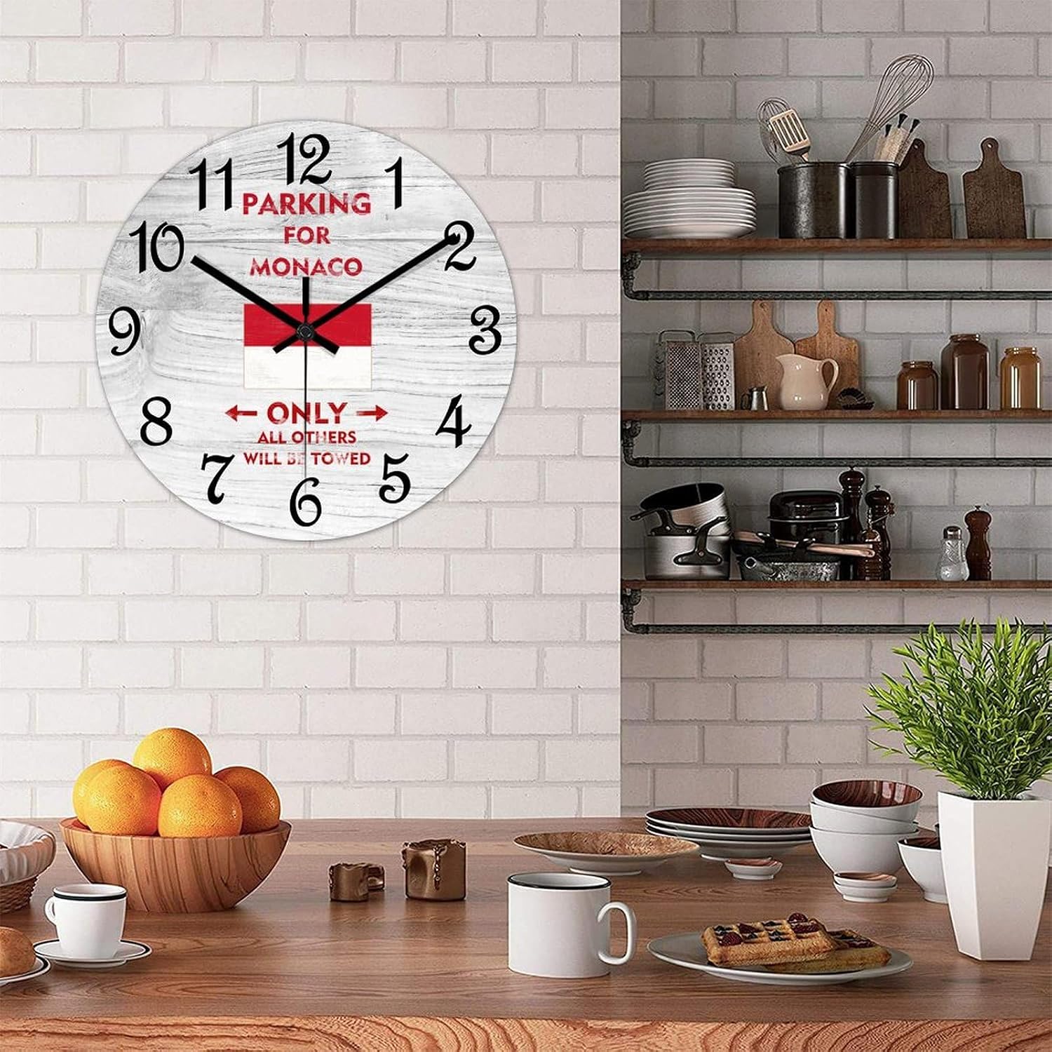 Monaco Flag Wall Clock Parking for Monaco Only All Others Will Be Towed Clock 15 Inch PVC Wall Clocks Battery Operated Non-Ticking Rustic Cabin Wall Home Decor for Farmhouse