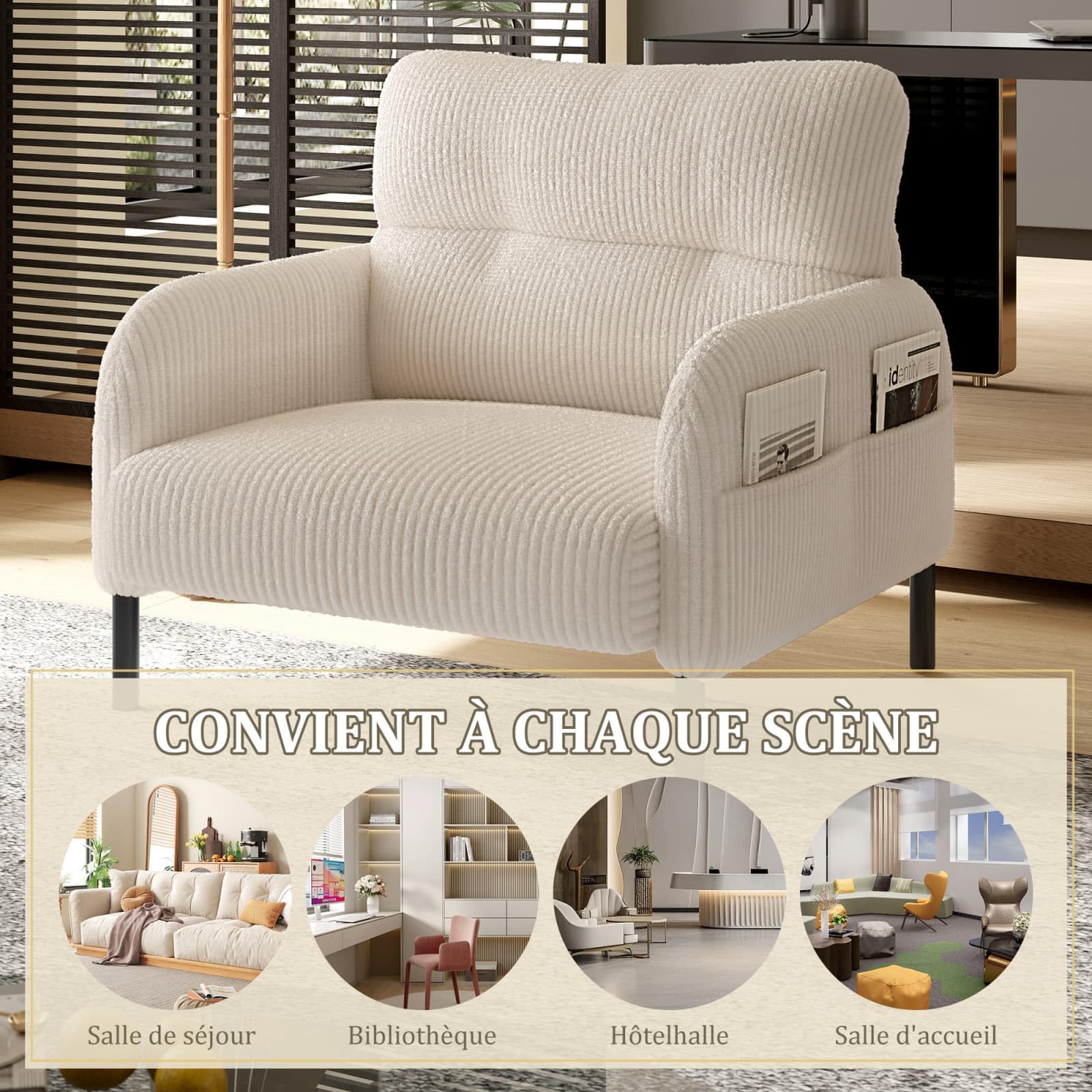 KOMHTOM Fauteuil Simple Places en Velours Côtelé avec Dossier Haut Confortable, 4 Poches et Pieds en Métal - Canapé d'angle Moderne pour Salon, Chambre à Coucher et Bureau (Beige - 1 Place)