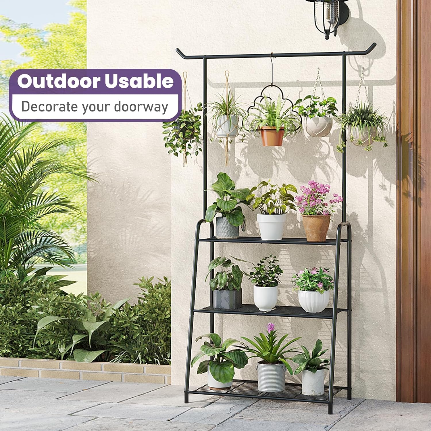 Metal Plant Stand Indoor Outdoor, 3 Tier Tall Corner Plant Shelf, Hanging Flower Ladder for Living Room, Balcony, Garden, Patio (Black)
