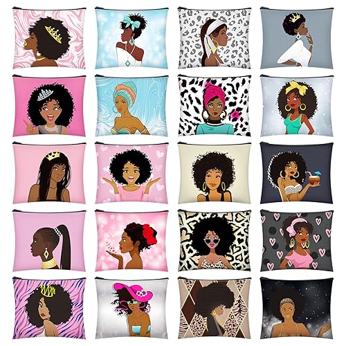 Sweetude 20 bolsas de cosméticos afroamericanas, bolsas de maquillaje para mujeres negras, bolsas de maquillaje de lona Afro Queen, bolsas de