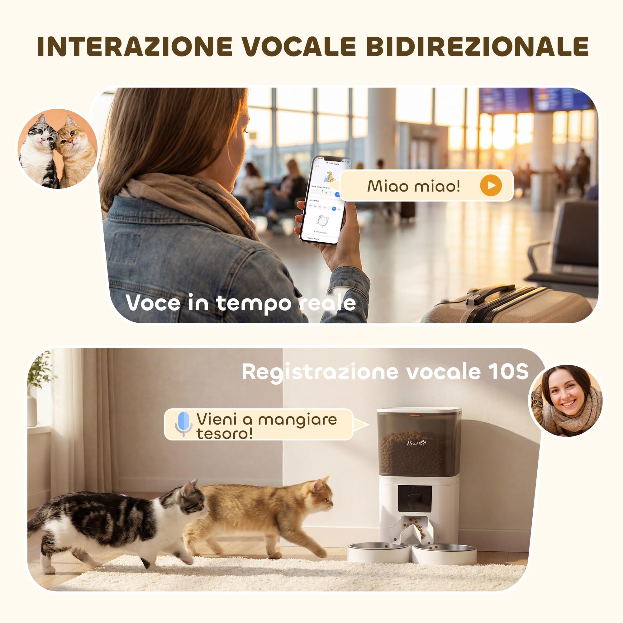 PawHut Distributore Automatico Cibo Gatti 6L WiFi 2.4G, Dispenser Crocchette Gatto App Controllo con Timer, 1-10 Pasti al Giorno, Registratore 10s, 2 Ciotole in Acciaio Inox, per Cani Media e Piccolo