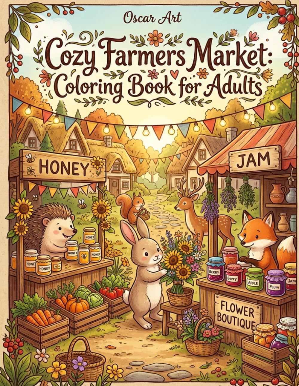 Cozy Farmers Market: Coloring Book for Adults: Bold and Easy Cute Woodland Animal Vendor Scenes Featuring Cottagecore Market Stalls, Honey, Flowers, Jams and Harvest Delights for Relaxation