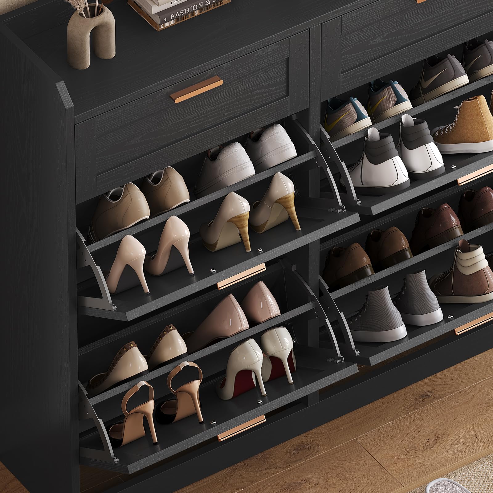 KIMENICH Scarpiera con 4 Scomparti a Ribalta, Scarpiera Salvaspazio, Scarpieras con 2 Cassetti, Divisorio Regolabile, per 16-24 Paia di Scarpe, Corridoio, Ingresso, 24 x 100 x 103 cm, Nero