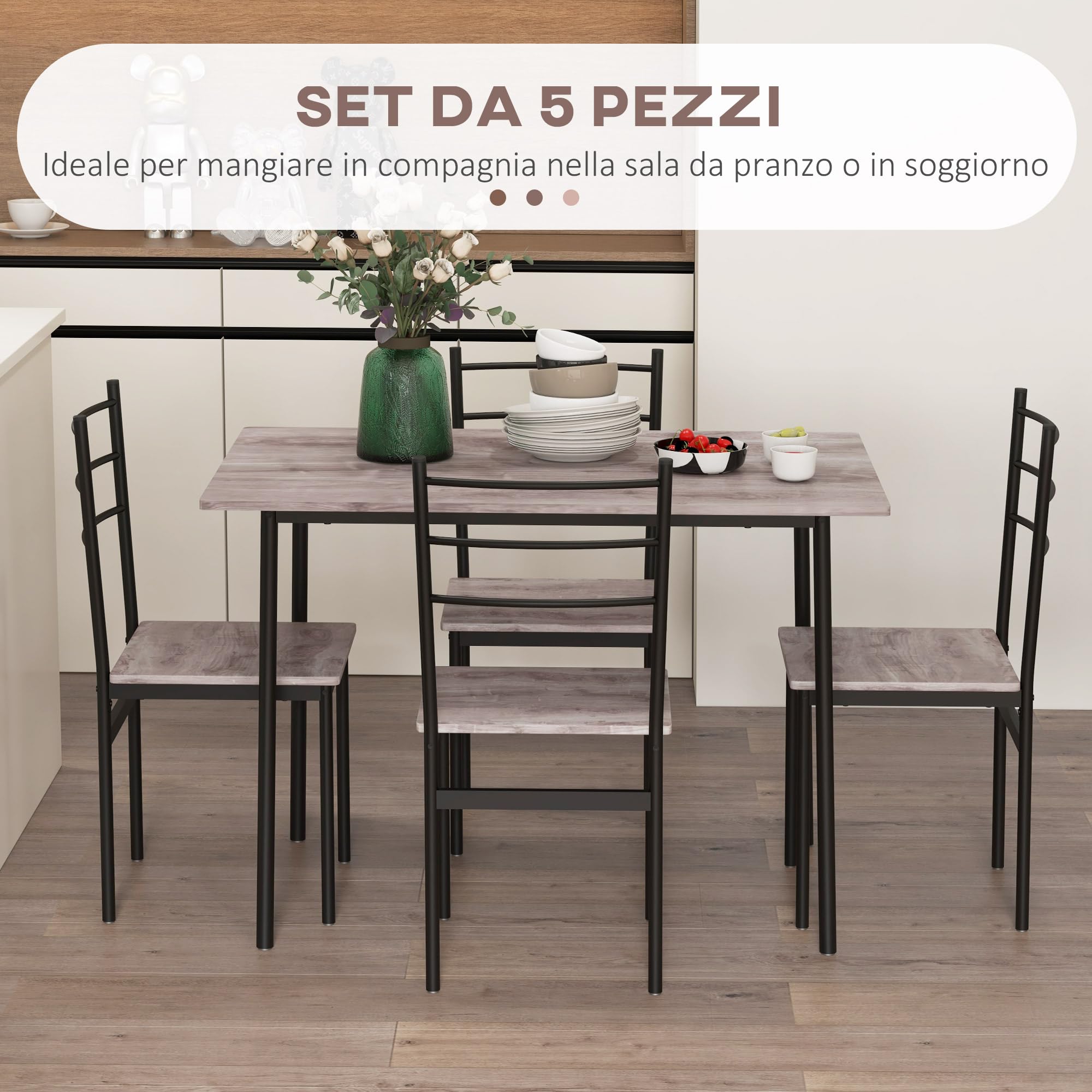 HOMCOM Set Tavolo e Sedie 5 Pezzi Salvaspazio con Tavolo da Cucina Rettangolare 110x70x75 cm e 4 Sedie Moderne 40x43x86 cm, in MDF e Acciaio, Marrone e Nero
