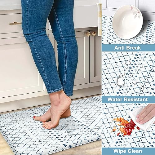 Miniatura 5 de Tapetes de cocina geométricos antifatiga, impermeables, antideslizantes, acolchados, azules, ergonómicos, cómodos, de espuma viscoelástica,