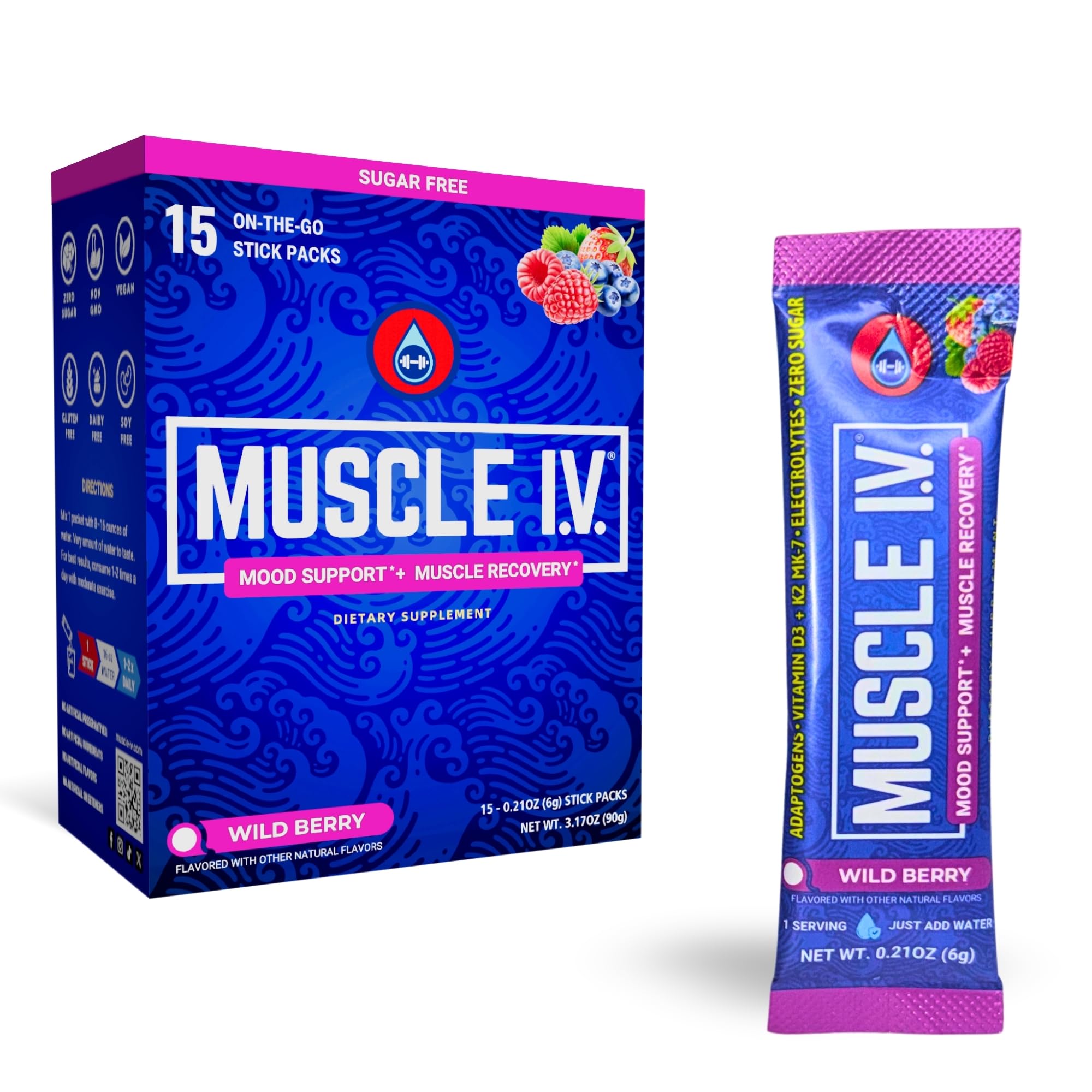 Muscle I.V. Recovery Drink Mix, Wild Berry, 15 Count Wildberry