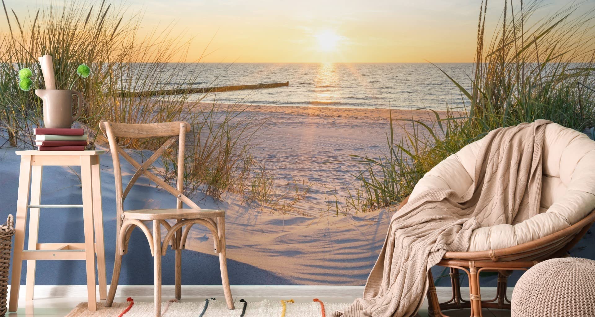 Muralo Fototapeta plaża, morze, wydmy, słońce, niebo, woda, krajobraz, natura, efekt 3D, nowoczesna tapeta ścienna, dekoracja ścienna do salonu, sypialni, jadalni, szer. 312 cm x wys. 219 cm