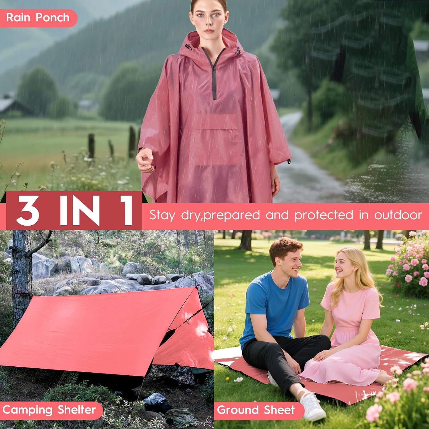 Bruvoalon 3-in-1 Rain Poncho with 1/4 Zip & Chest Pocket, Waterproof, Sunshade, Ground Mat for Adults & Youth Emergency