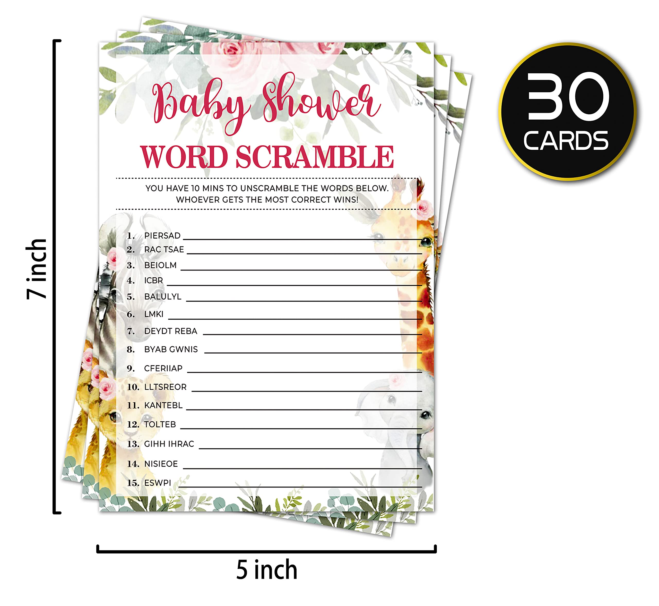 Word Scramble Baby Shower Game Cards - 30 Cards + Answer Card, Jungle Safari Floral Theme, Gender Neutral - View #2