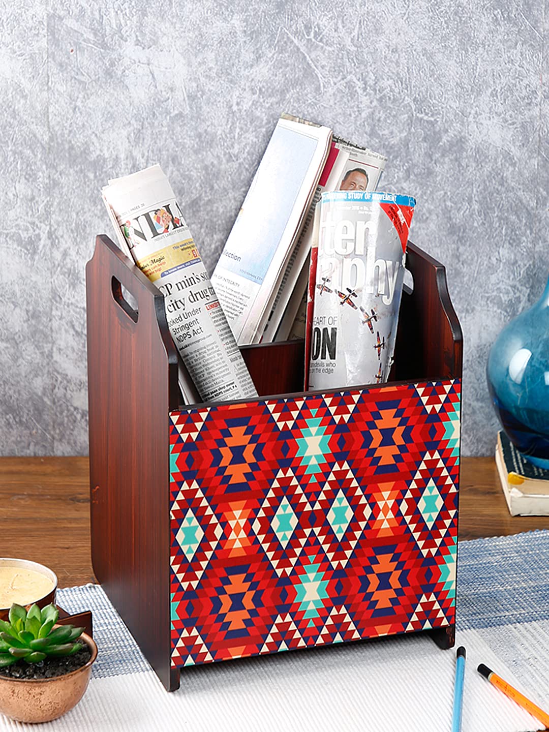 Reinvention Factory Ikkat MDF Wooden Rosewood Finish Magazine Holders/Newspaper Organiser-image-11