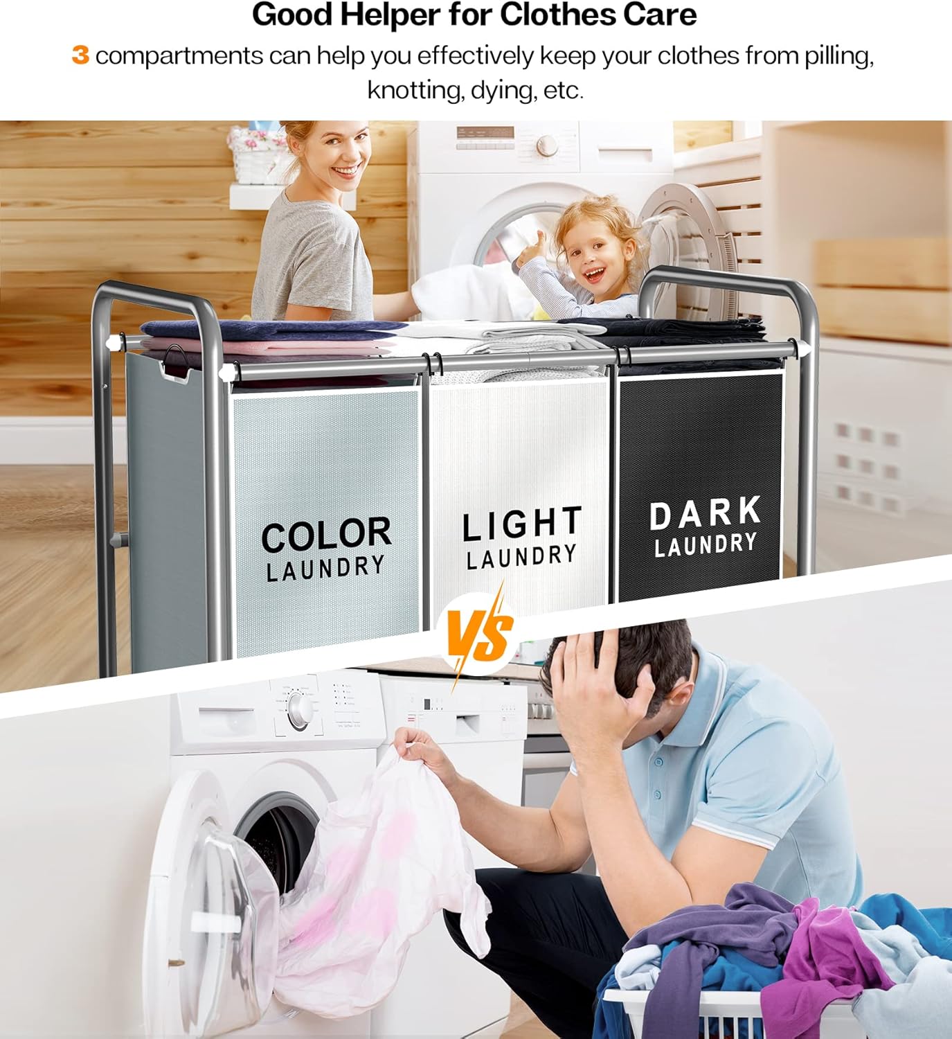ROMOON Laundry Sorter 4 Section and 3 section, Separated Laundry Hamper Cart with Wheels and Removable Bags, Rolling Laundry Basket Organizer for Dirty Clothes, Black & Color