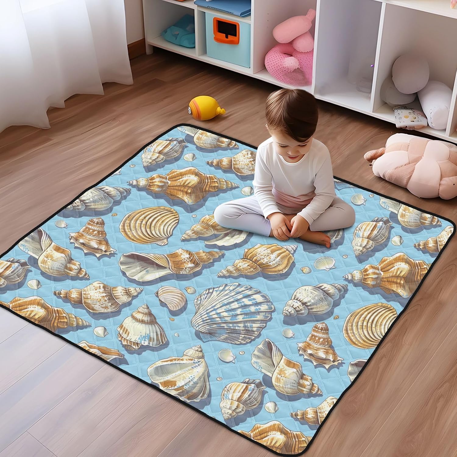 Baby Play Mat Seashells Blue 50 x 50 Playpen Mats for Floor Play Gym Crawling Mat Non-Slip Cushioned Baby Playmat for Infants, Babies, Toddlers