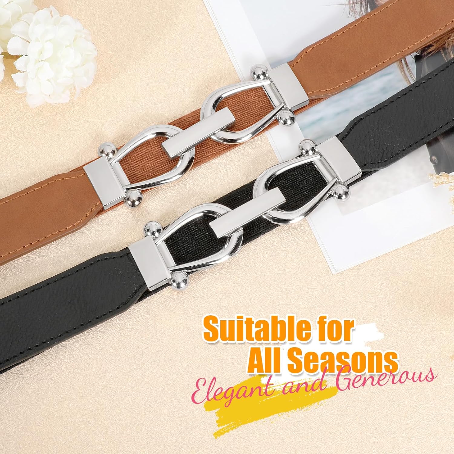 WERFORU Women Skinny Belt for Dresses Retro Stretch Waist Belt with Gold Buckle Set of 4 - Image 2