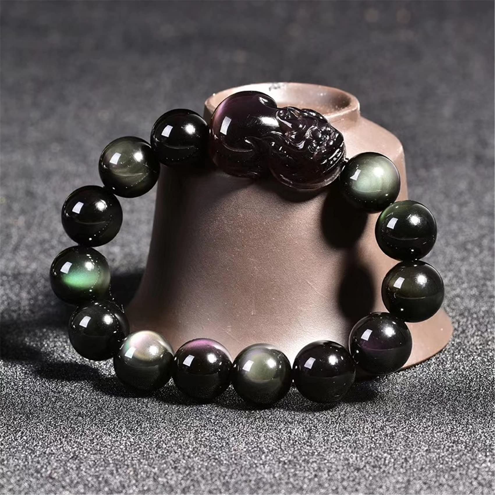 WZGWDC Schwarzes Obsidian-Armband, Piyao-Armband, natürliche Regenbogenaugen-Perlen, Kristall-Talisman, Wohlstand, 16 mm