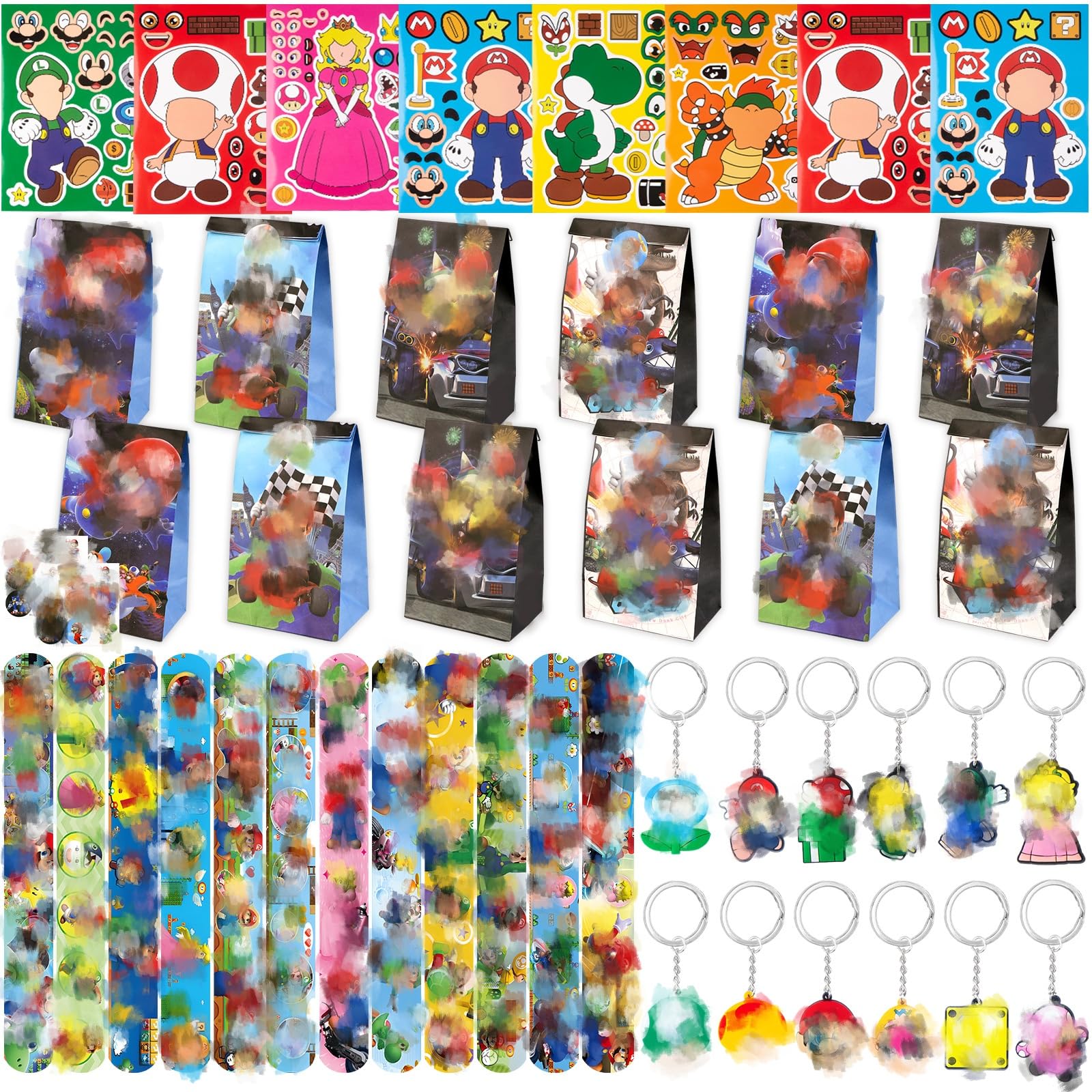 66pcs Cartoon Party Bags, Party Supplies with 12 Gift Bags, 18 Sealing Sticker, 12 DIY Stickers,12 Keychains,12 Slap Bracelets, Party Decorations Kids Birthday Party Supplies, Goodie Bag Fillers
