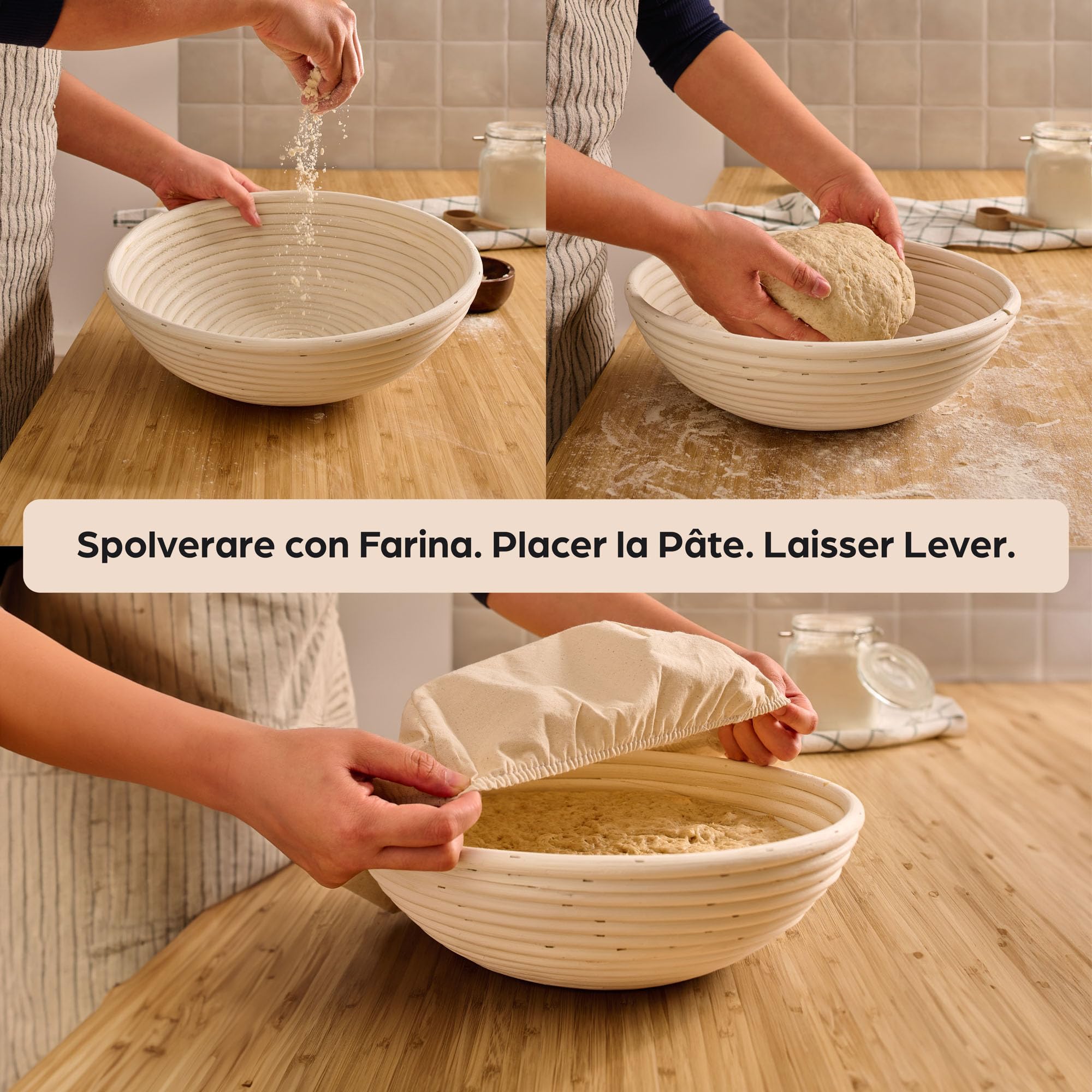 Praknu Banneton à Pain - Rond - Panier en Rotin Résistant - 2 kg - 30 cm - Kit boulangerie avec Brosse, Tissu en Lin & Sac pour le Pain
