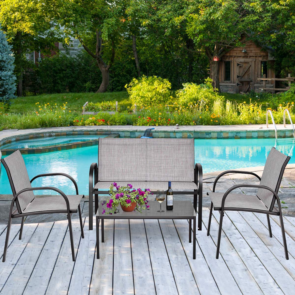 RELAX4LIFE Tavolo e Sedie da Esterno, Tavolino Salotto con Piano in Vetro, Telaio in Metallo, Panchina per Giardino in Tessuto Impermeabile e Anti-UV, Traspirante, Set di 4 Mobili per Esterno (Grigio)