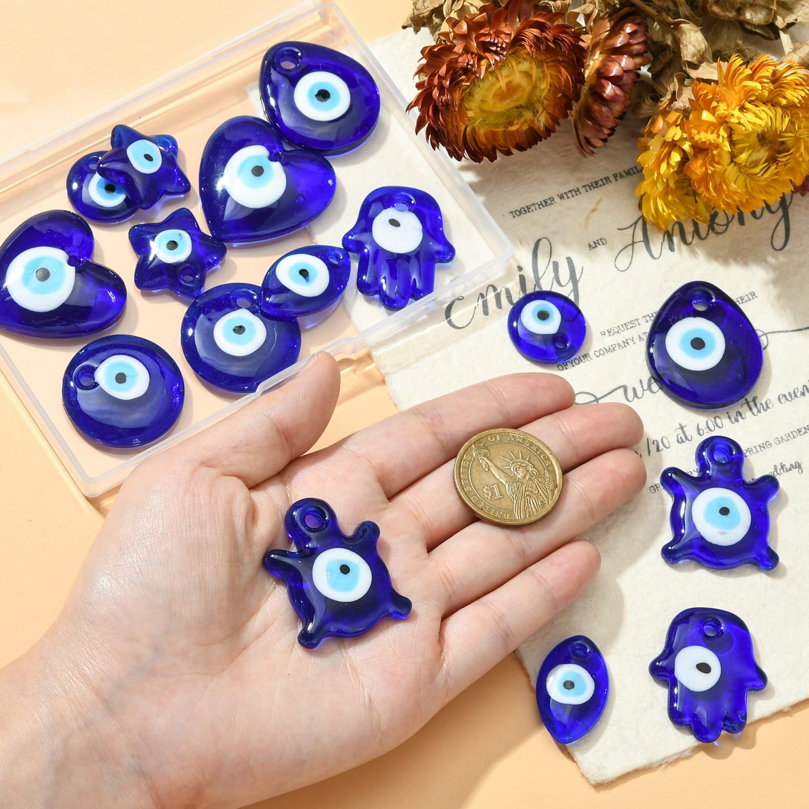 Airssory 16 Pcs 8 Styles Evil Eye Lampwork Glass Charms Hamsa Hand Horse Eye Heart Star Tortoise Crystal Charms for Gifts DIY Jewelry Accessory - Image 3